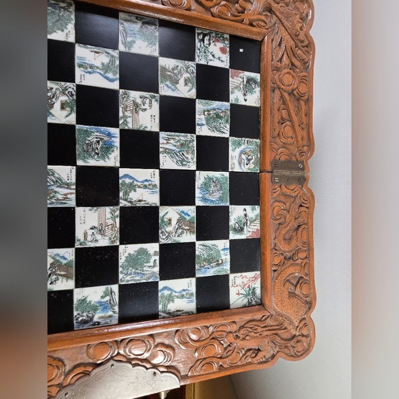 Vintage Chinese Hand Carved Jade Soapstone Chess Set Folding Wooden Case Drawers - Picture 9 of 16